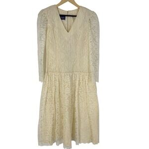 Vintage Cindy Lynn Ivory Lace Midi Dress 80s Long Sleeve Dropped Waist 7/8